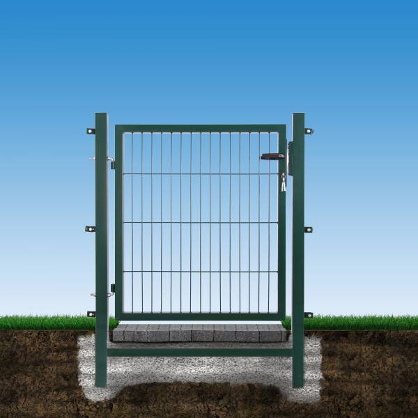 Gartentor für Stabmatte in grün vor blauem Hintergrund