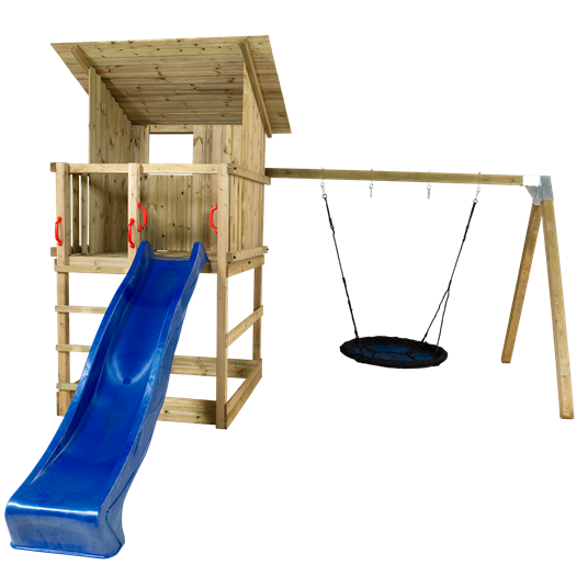 Plus Play Spielturm m/Dach und Schaukelständer einschl. blauer Rutsche